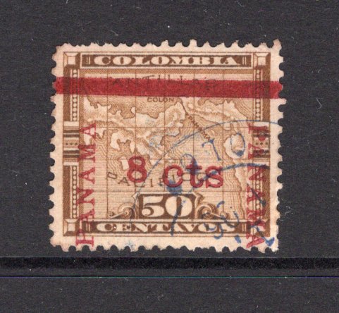 PANAMA - CANAL ZONE - 1904 - PROVISIONAL ISSUE & UNISSUED: 8c on 50c bistre brown MAP issue of Panama with Fourth Panama overprint and '8 cts' overprint Type 1, a fine copy with variety 'CANAL ZONE' OVERPRINT OMITTED used with part PANAMA cds in blue dated 1906. (Scott #14 variety, SG 14 variety)  (PAN/40749)