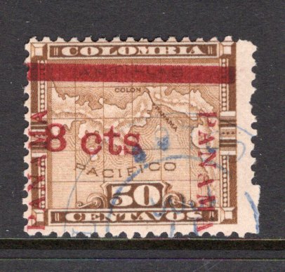 PANAMA - CANAL ZONE - 1904 - PROVISIONAL ISSUE & UNISSUED: 8c on 50c bistre brown MAP issue of Panama with Fourth Panama overprint and '8 cts' overprint Type 1, a fine copy with variety 'CANAL ZONE' OVERPRINT OMITTED used with part PANAMA cds in blue dated 1906. (Scott #14 variety, SG 14 variety)  (PAN/40765)