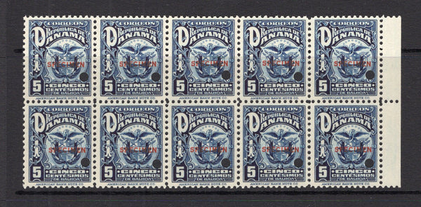 PANAMA - 1924 - SPECIMENS: 5c blue 'Arms' issue, a fine side marginal block of ten each stamp with 'SPECIMEN' overprint in red and small hole punch. Ex ABNCo. Archive. (SG 201)  (PAN/40953)