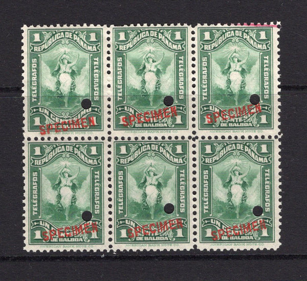 PANAMA - 1919 - TELEGRAPH ISSUE & SPECIMEN: 1c green 'Allegory' TELEGRAPH issue a fine block of six each stamp with 'SPECIMEN' overprint in red and small hole punch. Ex ABNCo. Archive. (Barefoot #19)  (PAN/40954)