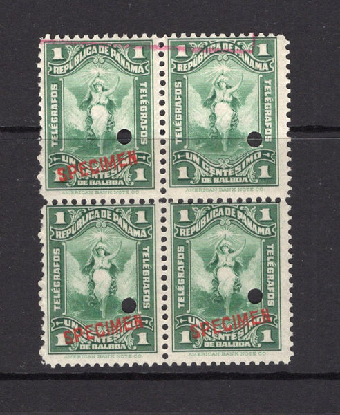 PANAMA - 1919 - TELEGRAPH ISSUE & SPECIMEN: 1c green 'Allegory' TELEGRAPH issue a fine block of four each stamp with 'SPECIMEN' overprint in red and small hole punch. Ex ABNCo. Archive. (Barefoot #19)  (PAN/40955)