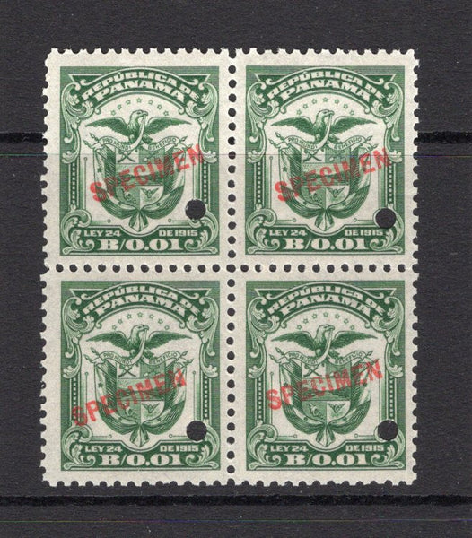 PANAMA - 1915 - REVENUE & SPECIMEN: 1c green 'Ley 24 de 1915' REVENUE issue, a fine block of four each stamp with 'SPECIMEN' overprint in red and small hole punch. Ex ABNCo. Archive.  (PAN/40956)