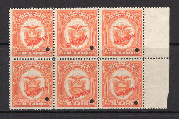 PANAMA - 1915 - REVENUE & SPECIMEN: 1b orange 'Ley 24 de 1915' REVENUE issue, a fine block of six each stamp with 'SPECIMEN' overprint in red and small hole punch. Ex ABNCo. Archive.  (PAN/40959)