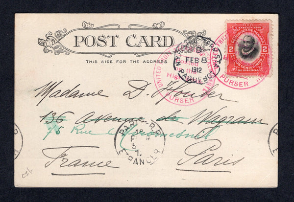 PANAMA - 1912 - MARITIME & CANCELLATION: Black & white PPC 'The Pacific Entrance to the Canal - Panama' datelined 'Colon 1/2/12' franked with single 1909 2c black & vermilion (SG 153) tied by two good strikes of undated UNITED FRUIT STEAMSHIP 'ALMIRANTE' POSTED ON THE HIGH SEAS PURSER' cancel in bright red with NY PAQUEBOT cds dated FEB 8 1912 alongside. Addressed to FRANCE with arrival cds on front. Very attractive.  (PAN/41039)