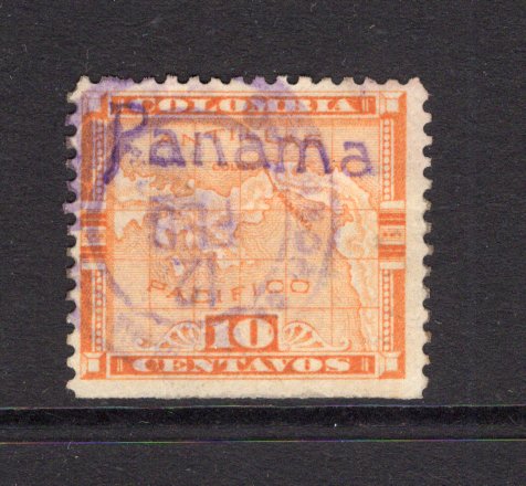 PANAMA - 1903 - MAP ISSUE: 10c orange MAP issue with second 'Bocas del Toro' handstamp in violet (Heydon type d), a fine used copy with good almost complete strike of the correct type of BOCAS DEL TORO cds dated 12 FEB but without year slug, which would have been 1904. Straight edge at bottom but a very rare and underrated emergency provisional which was only in use from February to June 1904. (Heydon # 191, SG 127)  (PAN/41159)