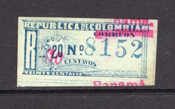 PANAMA - 1904 - PROVISIONALS: 10c on 20c blue on bluish paper 'Registration' issue of Colombia, issued at Panama, a fine mint copy with handstruck '8152' registration number in blue. Small thin but scarce stamp. (SG R68)  (PAN/5721)