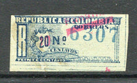 PANAMA - 1904 - PROVISIONALS: 10c on 20c blue on bluish paper 'Registration' issue of Colombia, issued at Panama, a fine used copy with handstruck '6307' registration number in blue. Tiny thin but scarce stamp. (SG R68)  (PAN/5722)