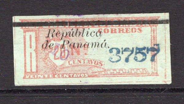 PANAMA - 1904 - PROVISIONALS: 10c on 20c red brown on bluish 'Registration' issue of Colombia with 'Fourth Colon' overprint and handstamped '10' in violet. A fine used copy with handstruck '3757' registration number in blue. A very scarce stamp. (SG R109)  (PAN/5723)