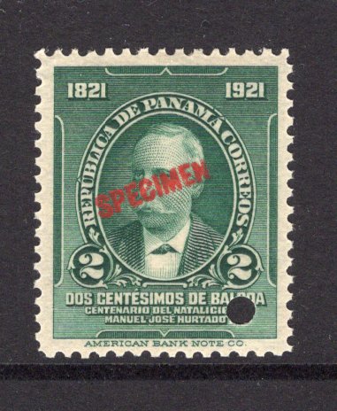 PANAMA - 1921 - SPECIMEN: 2c green 'Birth Centenary of Manuel Jose Hurtado' issue overprinted 'SPECIMEN' in red with small hole punch. Ex ABNCo. Archive. (SG 196)  (PAN/5740)