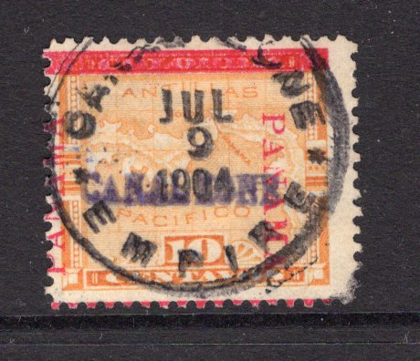 PANAMA - CANAL ZONE - 1904 - PROVISIONAL ISSUE: 10c orange MAP issue of Panama with 'CANAL ZONE' handstamp used with superb central strike of CANAL ZONE EMPIRE cds dated JUL 9 1904. The earliest recorded strike of this postmark and very early use of the provisional issue just 15 days after the issue date. Rare. (SG 3)  (PAN/6266)