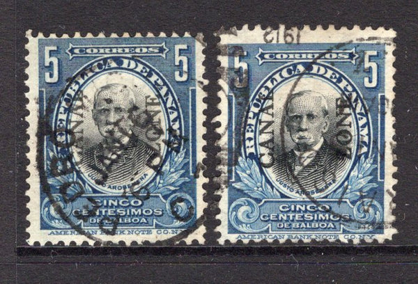 PANAMA - CANAL ZONE - 1909 - OVERPRINTS ON PANAMA: 5c black & steel blue 'Arosmena' issue of Panama with 'CANAL ZONE' overprint TYPE 3, a fine used copy with PEDRO MIGUEL cds and type 1 for comparison. Rare stamp. (SG 46)  (PAN/6673)