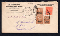 PANAMA - CANAL ZONE - 1947 - OFFICIAL MAIL: 'Canal Zone Postal Service' PENALTY envelope franked with 1939 ½c orange & irregular block of three 1½c brown 'CANAL ZONE' overprint issue (SG 165/66) tied by BALBOA HEIGHTS duplex cds's. Addressed to USA.  (PAN/684)