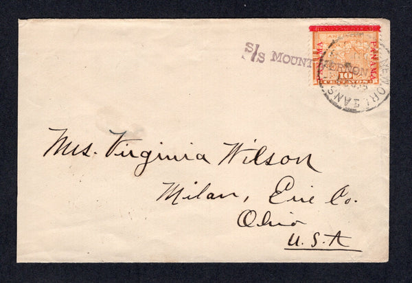 PANAMA - 1904 - MARITIME: Cover franked with 1904 10c orange 'Fourth Panama' overprint issue (SG 56) tied by NEW ORLEANS cds with fine strike of straight line 'S/S MOUNT VERNON' ship cancel also tying stamp. Addressed to USA  with arrival marks on reverse. Rare.  (PAN/705)