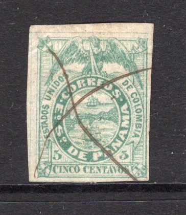 PANAMA - 1878 - CLASSIC ISSUES: 5c dull green on thin paper 'First Issue' a fine four margin copy used with manuscript pen cross. (SG 1A)  (PAN/950)