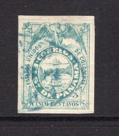 PANAMA - 1878 - CLASSIC ISSUES: 5c blue green on medium thick paper 'First Issue' a fine four margin copy used with part blue oval cancel. Expertised 'Senf' on reverse. (SG 1Ba)  (PAN/951)