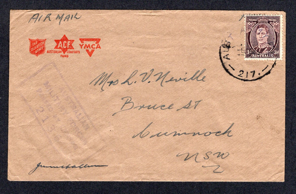 PAPUA NEW GUINEA  -  1945  -  AUSTRALIAN FORCES: Printed YMCA cover franked with Australia 1937 3d purple brown GVI issue (SG 187) tied by AUST ARMY PO 217 cds located at PORT MORESBY. airmail to AUSTRALIA with boxed 'AUSTRALIAN MILITARY FORCES PASSED BY CENSOR 2136' handstamp in purple on front & arrival cds on reverse.  (PAP/110)