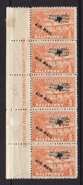 PAPUA NEW GUINEA - 1931 - MULTIPLE: ½d orange 'Native Village' issue with 'AIR MAIL' Airplane overprint, a fine mint side marginal strip of five with 'ENGRAVED AND PRINTED AT THE COMMONWEALTH TREASURY MELBOURN' imprint in margin. (SG 137)  (PAP/15256)