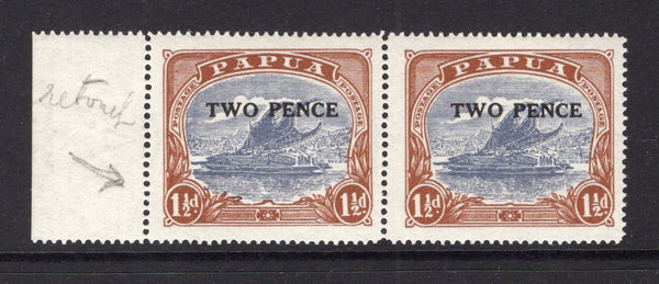PAPUA NEW GUINEA - 1931 - MULTIPLE: 2d on 1½d cobalt & light brown 'Mullett' printing, a fine mint side marginal pair. (SG 121)  (PAP/15261)