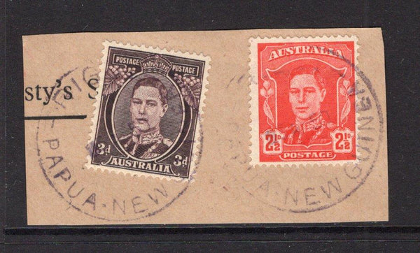 PAPUA NEW GUINEA - 1950 - AUSTRALIA USED IN PAPUA NEW GUINEA - CANCELLATION: 3d purple brown & 2½d scarlet GVI issue of Australia tied on piece by RIGO cds in purple dated 1950. (SG 187 & 206)  (PAP/15271)