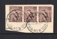 PAPUA NEW GUINEA - 1951 - AUSTRALIA USED IN PAPUA NEW GUINEA - CANCELLATION: 6d purple brown 'Kookaburra' issue of Australia, a strip of three tied on piece by LAE cds's dated 27 JUL 1951. (SG 190)  (PAP/15272)