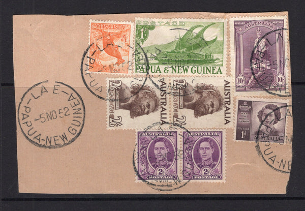 PAPUA NEW GUINEA - 1952 - AUSTRALIA USED IN PAPUA NEW GUINEA - COMBINATION: 1937 ½d orange & 10/- dull purple, pair 1942 2d bright purple, 1947 1d purple and pair 1952 2/6 brown issues of Australia used on piece with Papua New Guinea 1952 1/- yellow green all tied by LAE cds's dated 5 NOV 1952. The 10/- is scarce used in Papua. (SG 179, 177, 205, 222, 253 & 10)  (PAP/15279)