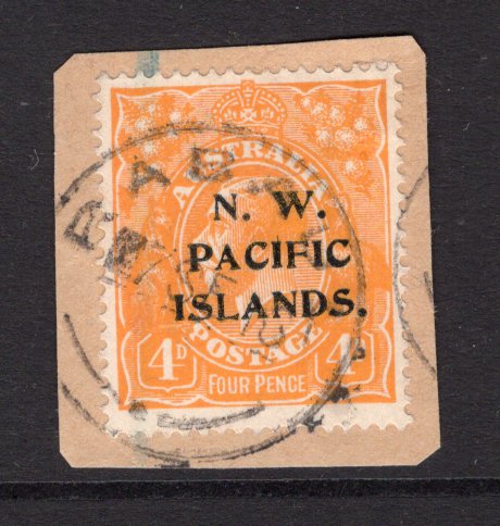 PAPUA NEW GUINEA - 1915 - N.W. PACIFIC ISLANDS ISSUE: 4d yellow orange 'GV Head' issue with 'N. W. PACIFIC ISLANDS' overprint Type 'c', a fine used copy on piece with RABAUL cds dated 7 SEP 1916. (SG 70)  (PAP/15281)