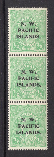 PAPUA NEW GUINEA - 1915 - N.W. PACIFIC ISLANDS ISSUE: ½d green 'GV Head' issue with 'N. W. PACIFIC ISLANDS' overprint, a fine mint vertical strip of three showing all three Types 'a', 'b' & 'c'. (SG 65)  (PAP/15286)