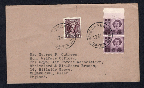 PAPUA NEW GUINEA - 1949 - AUSTRALIA USED IN PAPUA NEW GUINEA & CANCELLATION: Cover franked with Australia 1942 1d brown purple and 1947 pair 1d purple (SG 203 & 222) tied by SOHANA PAPUA NEW GUINEA cds's dated 12 MAY 1949. Addressed to UK.  (PAP/21978)