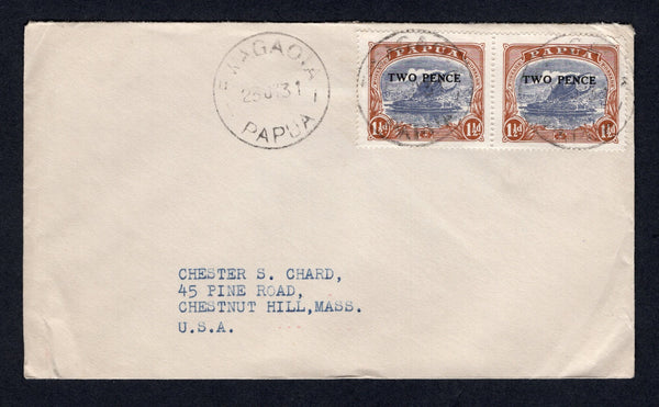 PAPUA NEW GUINEA - 1931 - CANCELLATION & PROVISIONAL ISSUE: Cover franked with pair 1931 2d on 1½d cobalt & light brown 'Mullett' printing (SG 121) tied by BWAGAOIA cds's. Addressed to USA.  (PAP/21988)
