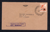 PAPUA NEW GUINEA - 1957 - CANCELLATION & OFFICIAL MAIL: Circa 1957. Headed 'O.H.M.S.' cover franked with single 1957 4d on 2½d orange (SG 16) tied by KONEDOBU cds. Addressed internally to PORT MORESBY with boxed 'The Department of the Treasury PORT MORESBY' arrival cachet in purple on front.  (PAP/22002)