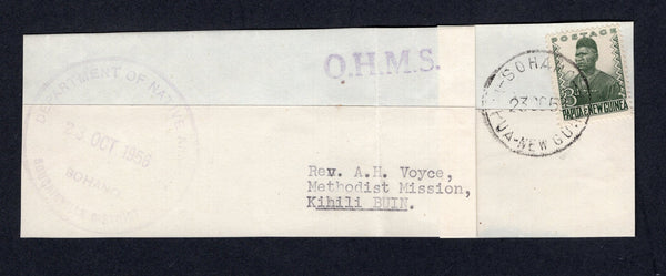 PAPUA NEW GUINEA - 1956 - CANCELLATION & OFFICIAL MAIL: Newspaper wrapper with 'O.H.M.S.' handstamp in violet and large circular 'DEPARTMENT OF NATIVE AFFAIRS SOHANO BOUGAINVILLE DISTRICT' official cachet franked with 1952 3d deep green (SG 5) tied by SOHANO cds. Addressed internally to BUIN.  (PAP/22003)