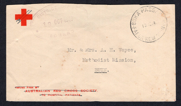 PAPUA NEW GUINEA - 1948 - CANCELLATION & OFFICIAL MAIL: Stampless printed 'Australian Red Cross Society' cover with inscription crossed out in manuscript with oval 'DISTRICT OFFICE SOHANO' cachet in violet and BUKA PASSAGE cds. Addressed to BUIN.  (PAP/22004)