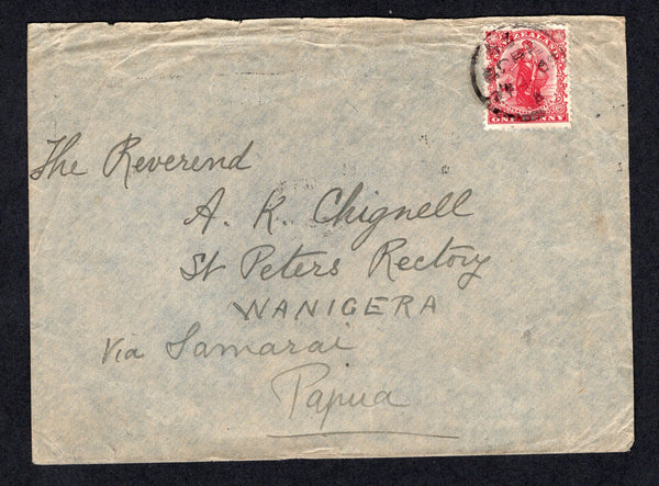 PAPUA NEW GUINEA - 1909 - INCOMING MAIL: Cover from New Zealand franked with 1908 1d carmine 'Universal' issue (SG 386) tied by GORE cds. Addressed to 'The Reverend A. K. Chignall, St Peters Rectory, WANIGERA, Via Samarai, Papua' with NELSON transit and SAMARAI arrival marks on reverse. Inbound mail at this date is very scarce.  (PAP/22005)