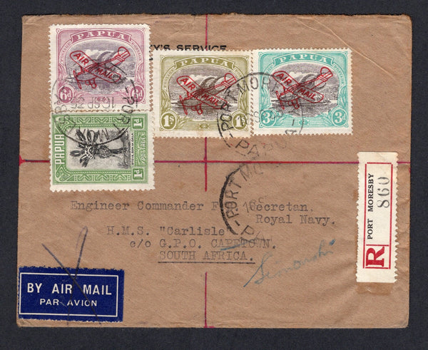PAPUA NEW GUINEA - 1935 - AIRMAIL, REGISTRATION & DESTINATION: Registered cover franked with 1930 3d black & blue green, 6d dull purple & red purple and 1/- brown & yellow olive 'Airplane' overprint issue and 1932 1d black & green (SG 118/120 & 131) all tied by PORT MORESBY cds's with printed red & black on white registration label alongside. Sent airmail to SOUTH AFRICA with QUEENSLAND, AUSTRALIA and ALEXANDRIA, EGYPT transit marks and SIMONSTOWN, SOUTH AFRICA arrival cds on reverse. Scarce.  (PAP/22006)