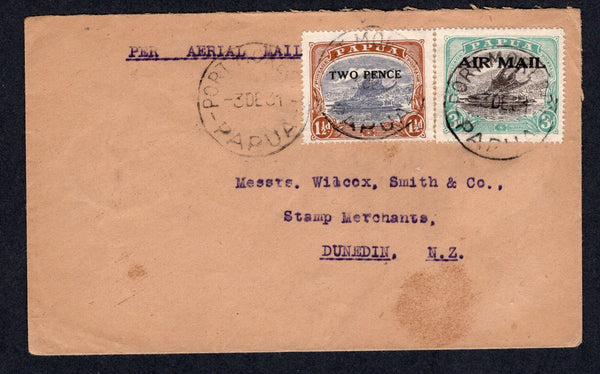 PAPUA NEW GUINEA - 1931 - AIRMAIL: Cover franked with 1929 3d black & blue green with 'AIR MAIL' overprint and 1931 2d on 1½d cobalt & light brown (SG 114 & 121) tied by PORT MORESBY cds's with typed 'PER AERIAL MAIL' at top. Addressed to NEW ZEALAND with AIR MAIL SYDNEY transit cds on reverse.  (PAP/22008)