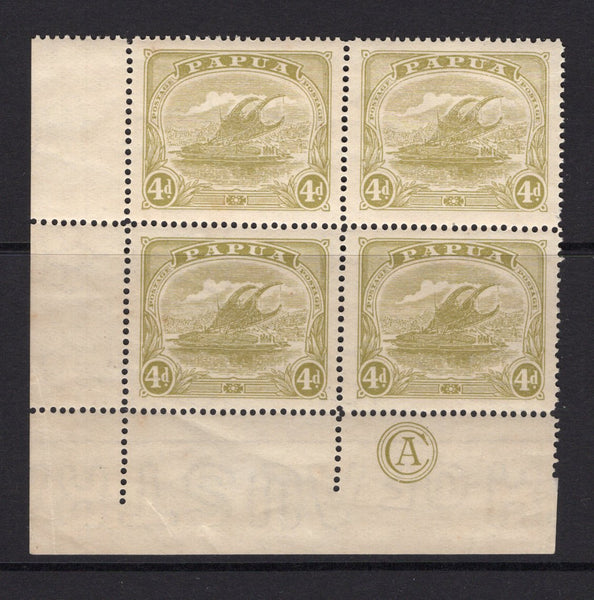 PAPUA NEW GUINEA - 1911 - MULTIPLE: 4d pale olive green 'Lakatoi' issue, a fine mint corner marginal block of four with 'CA' (Commonwealth of Australia) Monogram in margin. (SG 88)  (PAP/23491)