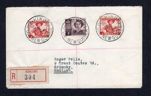 PAPUA NEW GUINEA - 1949 - AUSTRALIA USED IN PAPUA NEW GUINEA & REGISTRATION: Registered cover franked with Australia 1947 1d purple and 2 x 2½d lake (SG 222 & 227) tied by KIKORI PAPUA NEW GUINEA cds's dated 4 MAR 1949 with red & white printed 'KIKORI' registration label alongside. Addressed to UK with PORT MORESBY transit cds on reverse.  (PAP/24140)
