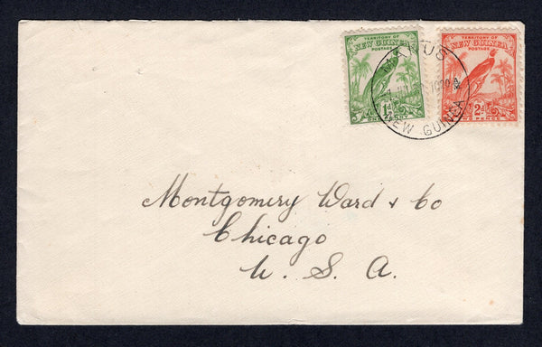 PAPUA NEW GUINEA - 1938 - CANCELLATION: Cover franked with 1932 1c green and 2d vermilion 'Bird of Paradise' issue (SG 177 & 179, the 1c has a repaired corner) tied by good strike of MANUS NEW GUINEA cds dated 1 JUL 1938. Addressed to USA with VICTORIA HONG KONG transit cds on reverse.  (PAP/32225)