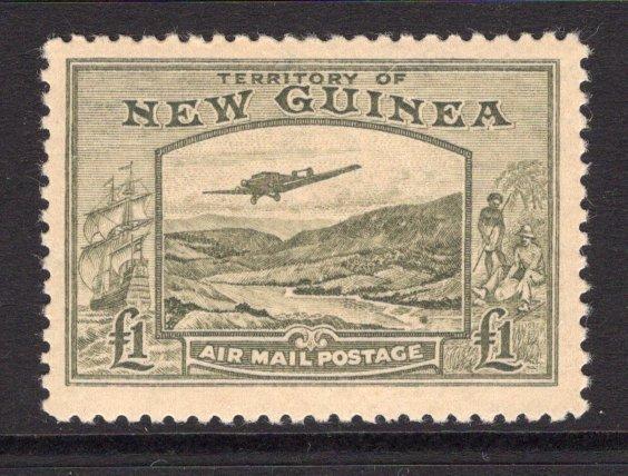 PAPUA NEW GUINEA - 1939 - AIRMAIL ISSUE: £1 olive green 'Bulolo Goldfields' AIRMAIL issue, a very fine unmounted mint example. (SG 225)  (PAP/34662)