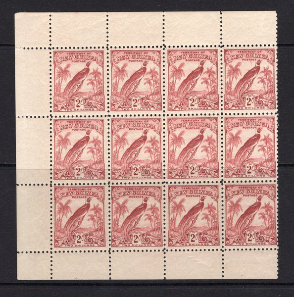 PAPUA NEW GUINEA - 1932 - BRITISH NEW GUINEA: 2/- dull lake 'Bird of Paradise' British New Guinea issue redrawn without dates, a fine unmounted mint marginal block of twelve comprising three rows of the sheet with sheet margins at top, bottom and left. (SG 186)  (PAP/39309)