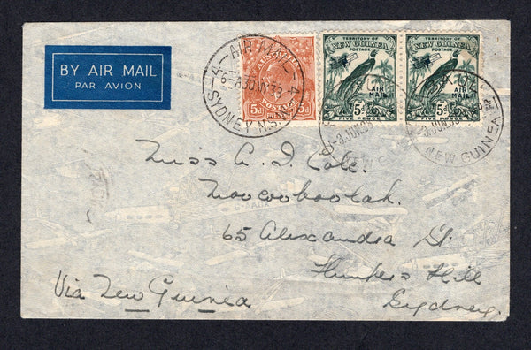 PAPUA NEW GUINEA - 1933 - AIRMAIL & MIXED FRANKING: Airmail cover franked with pair New Guinea 1932 5d deep blue green 'AIR MAIL' overprint issue (SG 196) tied by RABAUL NEW GUINEA cds's dated 3 JUN 1933 with additional RABAUL cds dated 1 JUN on reverse with added Australia 1931 5d orange brown GV Head issue (SG 130) tied alongside by AIR MAIL SYDNEY N.S.W. cds dated 6 AUG 1933. Addressed to SYDNEY with an initial SYDNEY arrival cds dated 5 JUN 1938 on reverse. A very unusual mixed franking.  (PAP/40470)