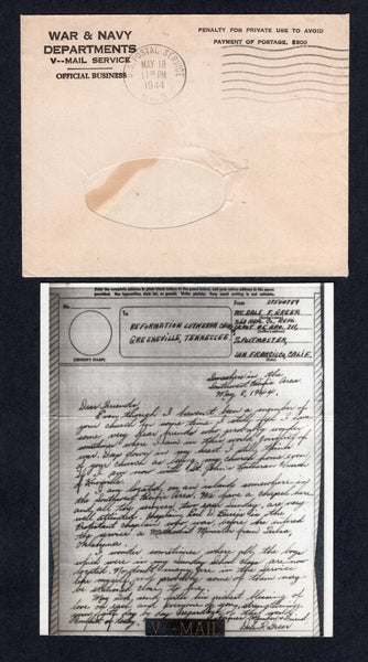 PAPUA NEW GUINEA - 1944 - AMERICAN ARMY POST OFFICES: Complete V MAIL envelope with photographed form headed 'PVT DALE F GREER, 263 REPL. CO. REPL DEPOT. APO 711' located on Goodenough Island, New Guinea which was under Australian control. The envelope has U.S. POSTAL SERVICE No.3 cds dated MAY 18 1944. Addressed to USA. APO 711 was on Goodenough Island from March to August 1944.  (PAP/40920)