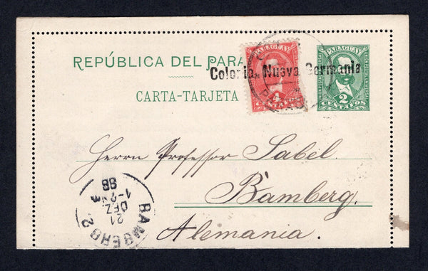 PARAGUAY - 1896 - CANCELLATION: 2c green postal stationery lettercard (H&G A3 with outer perforations intact) used with added 1892 4c rose (SG 44 stamp damaged at right) tied by undated CORREOS PARAGUAY cds with fine strike of straight line 'COLONIA NUEVA GERMANIA' marking in black. Addressed to GERMANY with arrival cds on front. Extensive message in German inside.  (PAR/10469)