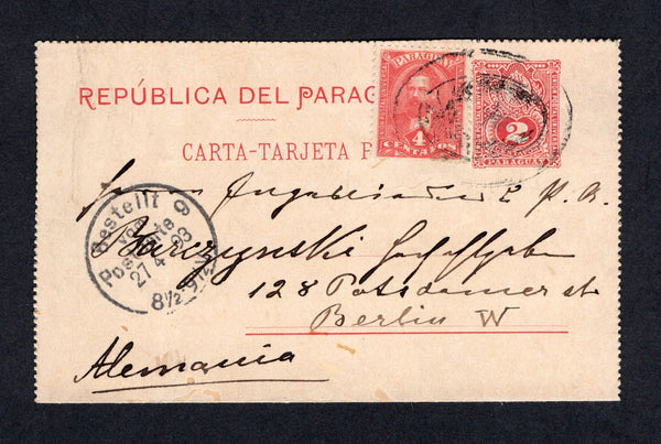 PARAGUAY - 1893 - CANCELLATION: 2c red postal stationery lettercard (H&G A1 with outer perforations removed) sent from ASUNCION (datelined inside) with added 1892 4c rose (SG 44) tied by large oval 'Star & Wreath' cancel in black. Addressed to GERMANY with arrival cds on front. Scarce marking.  (PAR/10474)