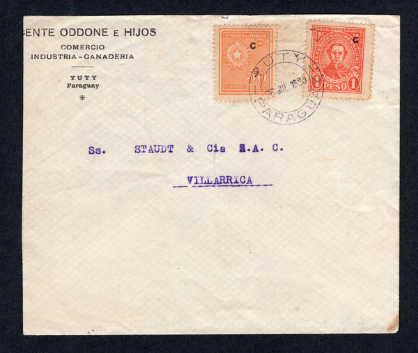 PARAGUAY - 1930 - CANCELLATION: Cover franked with 1927 50c orange and 1p scarlet both with 'C' overprints (SG 323 & 329) tied by fine YUTY cds. Addressed to VILLARRICA with arrival cds on reverse.  (PAR/10496)