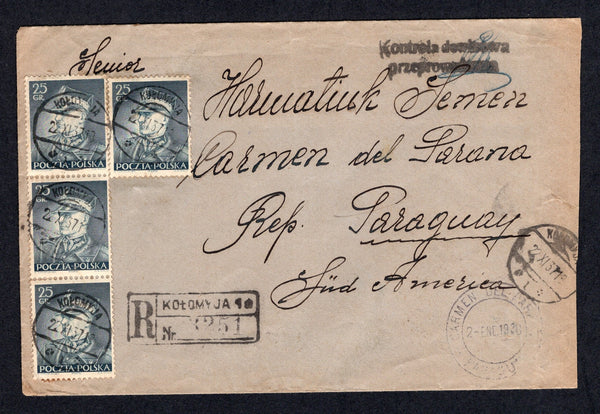 PARAGUAY - 1936 - JEWISH COLONY: Incoming registered cover from POLAND franked on reverse with 1935 5gr violet blue, 15gr greenish blue, 25gr deep blue green & 55gr blue (SG 313, 315, 321 & 325) tied by ARMATNIOW cds's with boxed registration marking on front in purple.  Addressed to 'Jan Ojcius, Colonia Fram, Carmen del Parana, Rep Paraguay'. (Colonia Fram was a settlement of Polish, Czech & Hungarian Jews fleeing persecution in Europe).  Various Argentinean transit marks on front & back.  (PAR/10500)