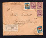 PARAGUAY - 1938 - CANCELLATION & REGISTRATION: Registered cover franked with 3 x 1927 3p violet and 2 x 1937 1p scarlet, yellow & blue (SG 311 & 496) tied by TEBICUARY cds's with black & white formular registration label with 'AZUCARERA' handstamp in purple (possibly the originating P.O.). Addressed to ASUNCION with arrival cds's on reverse.  (PAR/10508)