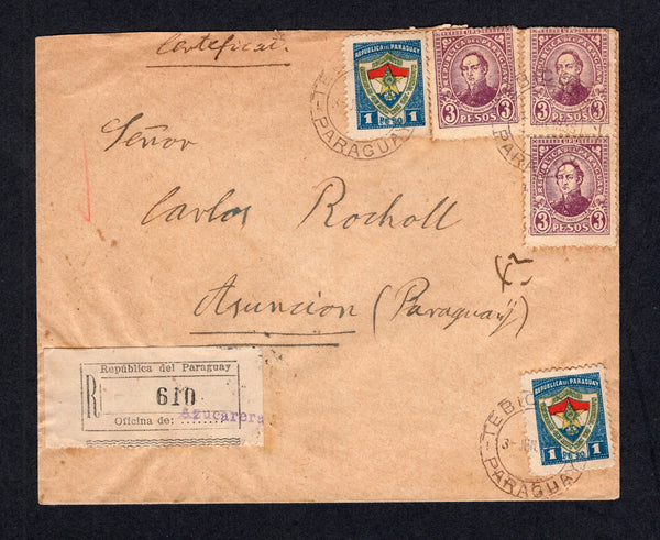 PARAGUAY - 1938 - CANCELLATION & REGISTRATION: Registered cover franked with 3 x 1927 3p violet and 2 x 1937 1p scarlet, yellow & blue (SG 311 & 496) tied by TEBICUARY cds's with black & white formular registration label with 'AZUCARERA' handstamp in purple (possibly the originating P.O.). Addressed to ASUNCION with arrival cds's on reverse.  (PAR/10508)