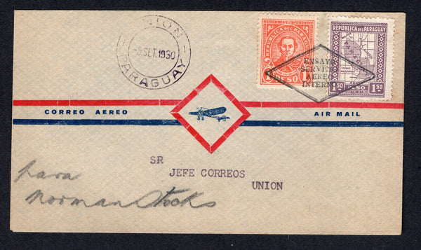 PARAGUAY - 1930 - PIONEER AIRMAIL: Airmail cover with oval 'Norman Stocks Asuncion' imprint on flap franked with 1927 1p scarlet and 1p 50c lilac (SG 303 & 306) tied by diamond 'ENSAYO SERVICIO AEREO INTERNO' cancel. Flown on the ASUNSCION -UNION trial flight with UNION arrival cds dated 5 SET 1930 on front & reverse. Rare. (Muller unlisted).  (PAR/10523)
