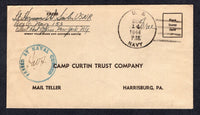 PARAGUAY - 1944 - US NAVAL PRESENCE: Stampless cover with manuscript 'Lt Herman W Sabi USNR Box G Navy 153, Fleet Post Office New York' return address at top left with fine 'U.S. NAVY' cds dated 14 DEC 1944 and blue 'PASSED BY NAVAL CENSOR' marking in blue. Addressed to USA. Box G Navy 153 was the coded location for ASUNCION, Paraguay. Very scarce.  (PAR/10536)